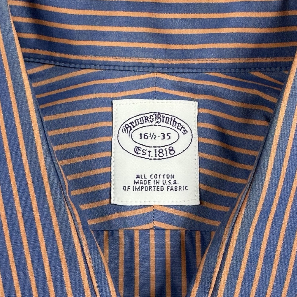 Brooks Brothers Blue Orange Stripe Dress Shirt 16.5 35 (L) USA Cotton - Picture 2 of 6